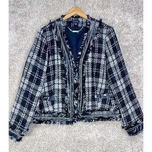 Cache Plaid Tweed Jacket Women L Black White Faux Leather Trim Chain Accent Chic